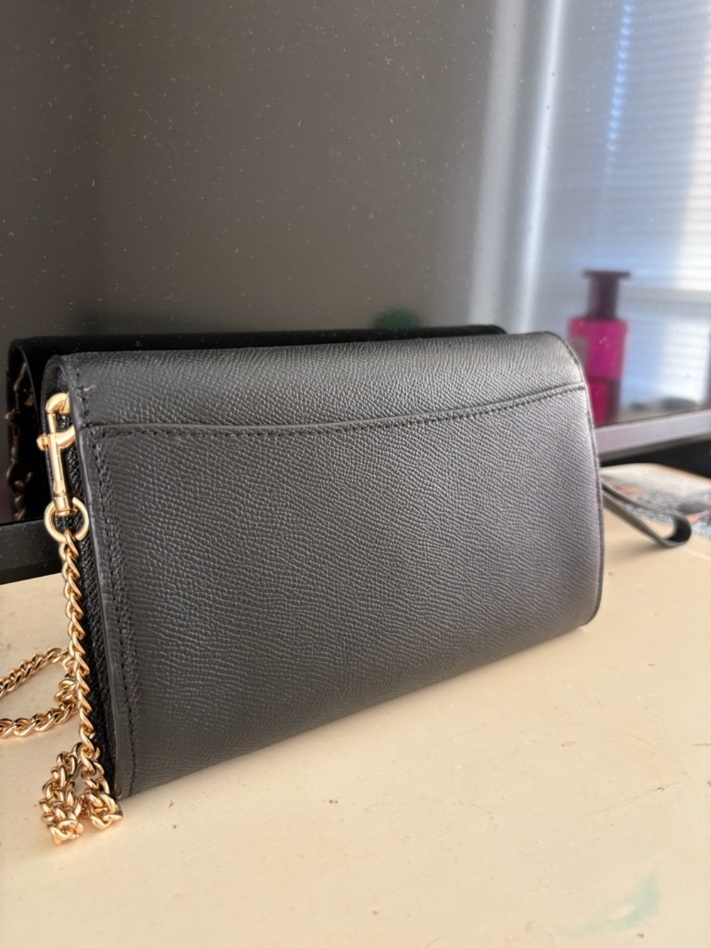 Coach Black Leather Crossbody Clutch Wallet Gold Chain Strap - Picture 5 of 12